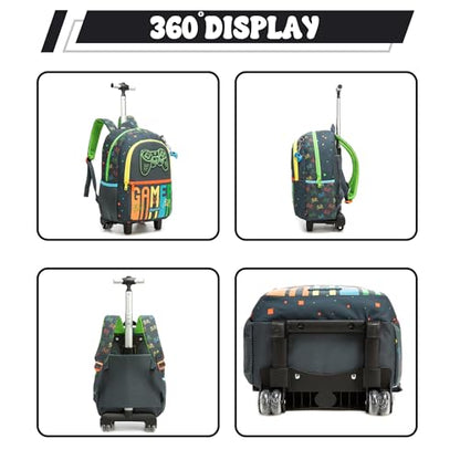 Kids Rolling Backpack for Boys 16.5" School Roller Backpack with Lunch Box, Toddler Backpacks with Wheels Rollig Wheeled Backpacks for Elementary School - color: Black Game