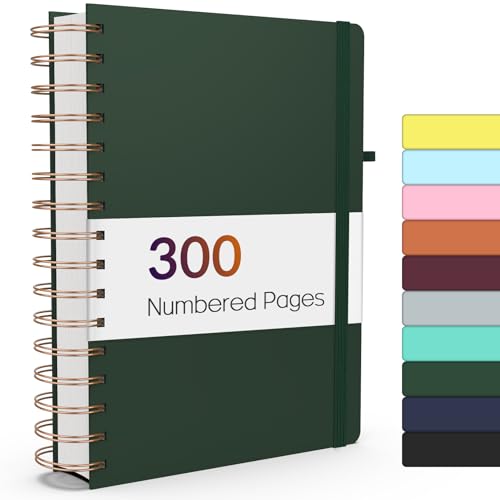 Forvencer Lined Spiral Journal Notebook with 300 Numbered Pages, A5 | College Ruled Thick Journals for Writing with 100GSM Paper, Hardcover Notebooks with Contents for Work, School, Women, Men - color: Dark Green, size: A5