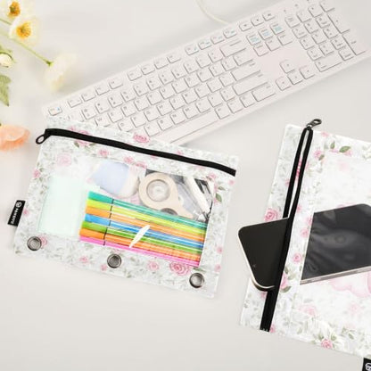 Gredecor 3 Ring Binder Pencil Pouch, Cute Coquette Pink Ribbon Bows (14) Zippered Pen Case Pouches with Clear Window, 2 Pack Stylish Office & School Supplie - color: Cute Coquette Pink Ribbon Bows (14)