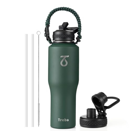 Trebo 32 oz Water Bottle Insulated Fits in Any Car Cup Holder with 2 Lids | Stainless Steel T-shape Tumbler with Paracord Handle, Triple Wall Vacuum Copper Plated, Cold 48 Hrs for Travel, Leakproof - color: Dark Green, size: 32 Ounces