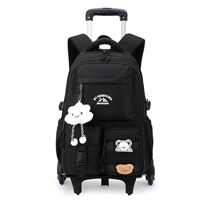 Black Rolling Backpack with Wheels for Girls Boys, Kids Roller Wheeled Backpack Middle School Bag, Trolley Rolling Bookbag on 6 Wheels - color: 6 Wheels Black