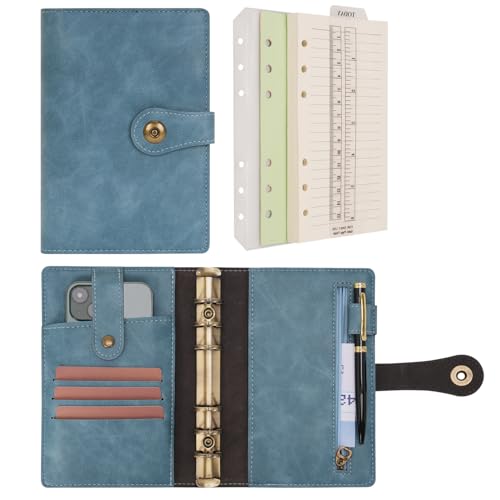 WONDERPOOL A6 Binder Journal Leather Spiral Notebook Refillable College Ruled Paper, Budget Binder Rings Diary Organizer with Pen for Office School Travel Business Planning Writing (Light blue, A6) - color: Light blue, size: A6