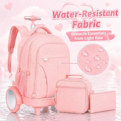 gxtvo Large Wheels & Quiet Glide | Women & Girls Roller Backpack - Water-Resistant Wheeled Bag with Lunch Box for Office, Travel & College - Pink - color: Rolling Backpack Reflective Pink