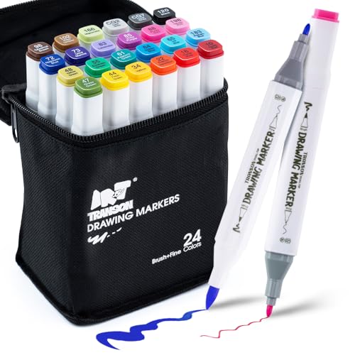 TRANSON Alcohol Markers for Drawing Coloring 24 Colors Dual-tip Fine and Brush Tips - style: 24 Colors Brush and Fine