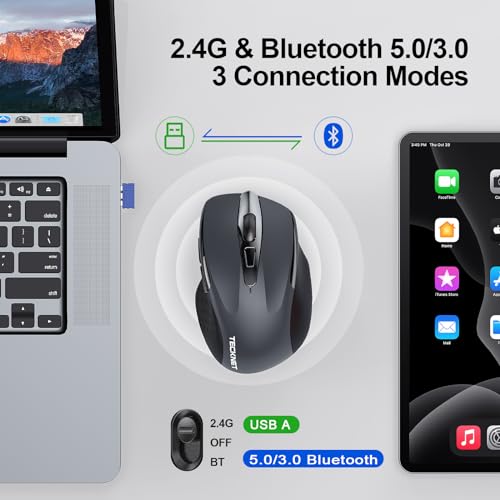 TECKNET Wireless Mouse, BT 5.0/2.4G, Rechargeable 6-DPI Silent, Grey | Bluetooth 5.0/3.0 & USB A, 2-Device Easy Switch, Wide OS Compatible, 6 Buttons, 6-DPI up to 4800, Ergonomic for S to M Hands - color: Grey