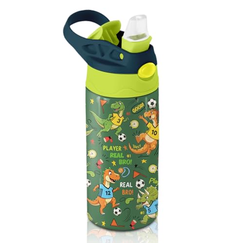 Soccer Water Bottle for Kids - 12oz Dinosaur Kids Water Bottle with Straw, Stainless Steel Tumbler, Insulated, Leak-proof, BPA-free, Pop-up Straw Lid, for School - Children Birthday Gift Cup(1pc) - color: Dinosaur Soccer