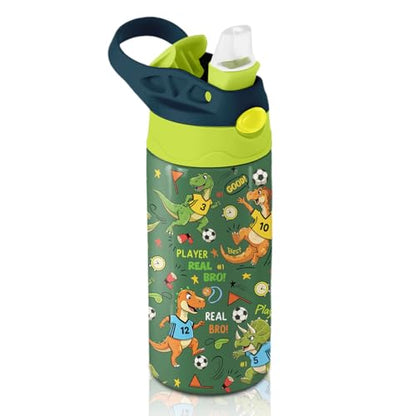 Soccer Water Bottle for Kids - 12oz Dinosaur Kids Water Bottle with Straw, Stainless Steel Tumbler, Insulated, Leak-proof, BPA-free, Pop-up Straw Lid, for School - Children Birthday Gift Cup(1pc) - color: Dinosaur Soccer