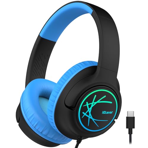 iClever Kids Headphones with Cord, Over Ear for Boys Girls School Travel | SafeSound Tech, Stereo Sound, Breathing Light, Foldable, Adjustable, Durable, Lightweight Kids Headphone for School, Black - color: Black USB C