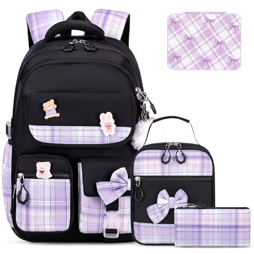 ACESAK Backpack for Girls - Bento Box with Insulated Lunch Bag Pencil Case & Utensils Set for Kids, 4 Leakproof Compartments Removable Tray Lunches or Snack Container for School (Black Purple) - color: Black Purple