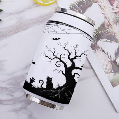 T&H XHome Halloween 14oz Stainless Steel Tumbler with Lid & Straw-Double Wall Vacuum Insulated Travel Mug Evil Cat Bat Wood Grain Water Bottle Coffee Beverage Drinks Cup - size: 14 Ounces