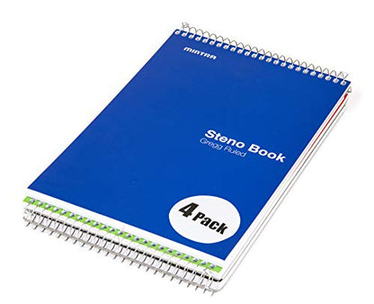 Mintra Office Steno Books Set - Top-Spiral Bound, Gregg Ruled, 70 Green Tint Sheets, Primary Color Covered Notebooks for Office, Professional, School & Work, Note-taking, Writing Pads, 6"x9", 4 Pack