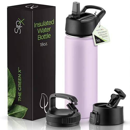SipX™ 18 oz Insulated Water Bottle with 3 Lids – Leakproof Stainless Steel, Triple Insulated – Cold 24 Hours/Hot 12 Hours – Durable Bottle for School, Gym, Travel – Purple - color: Purple, size: 18 Ounces