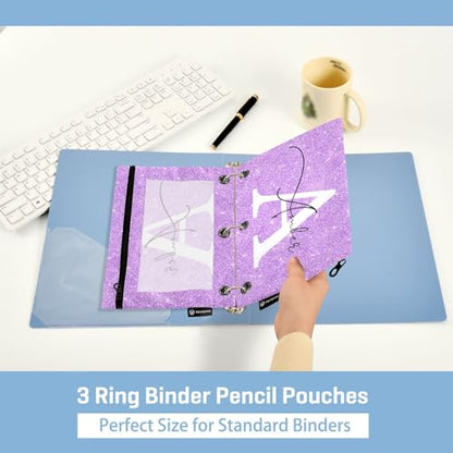 Personalized Pencil Pouch for 3 Ring Binder Lilac Shiny Glitter Custom Pencil Pouches Case Binder Cosmetic Bag 2 Pack for Office School College Supplies - color: Lilac Shiny Glitter