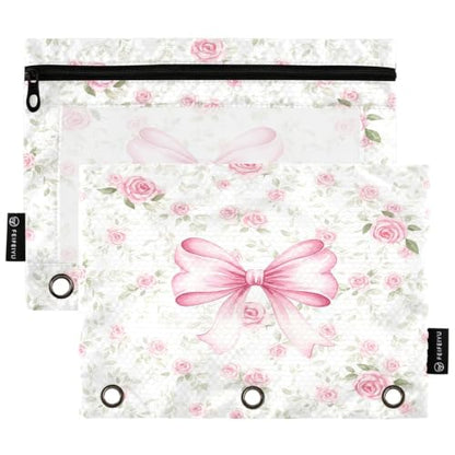 Gredecor 3 Ring Binder Pencil Pouch, Cute Coquette Pink Ribbon Bows (14) Zippered Pen Case Pouches with Clear Window, 2 Pack Stylish Office & School Supplie - color: Cute Coquette Pink Ribbon Bows (14)
