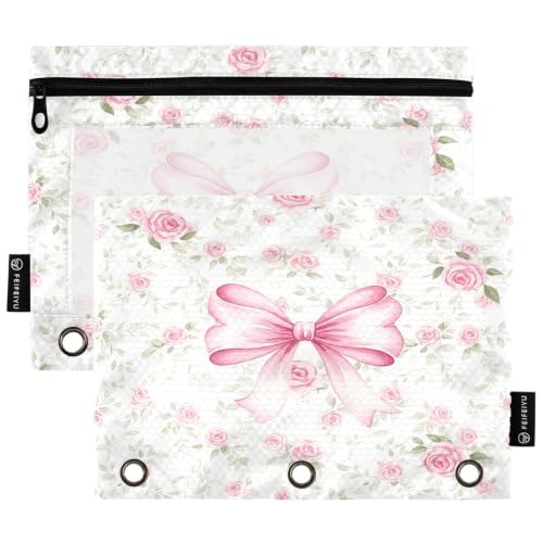Gredecor 3 Ring Binder Pencil Pouch, Cute Coquette Pink Ribbon Bows (14) Zippered Pen Case Pouches with Clear Window, 2 Pack Stylish Office & School Supplie - color: Cute Coquette Pink Ribbon Bows (14)