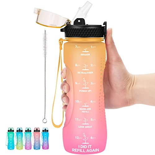 24 OZ Motivational Kids Water Bottle With Time Marker,Straw Lid,Leak Proof, Tritan BPA Free Sports Water Bottle Yellow Pink(1 Lid) - color: Yellow Pink