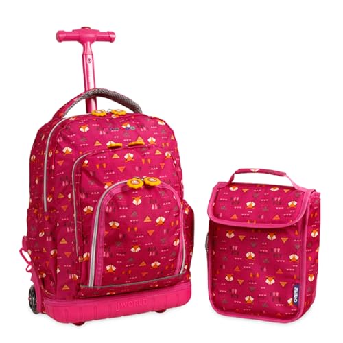 J World Lollipop Kids Rolling Backpack & Lunch Bag Set for Elementary School. Carry-On Suitcase with Wheels, Fox - color: Fox