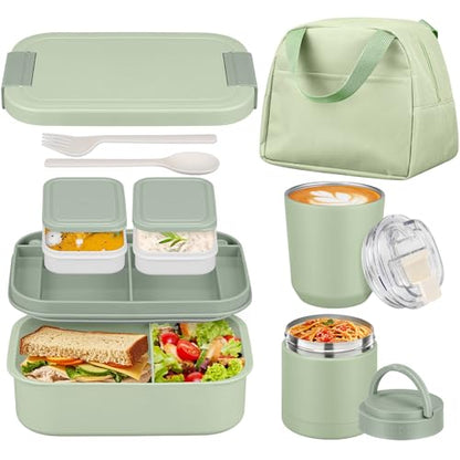 Large Bento Lunch Box Set for Adults Kids Women with 10.5oz Soup Thermo,Coffee Tumblers Men Girls Boys Teenagers Leak-Proof Lunch Food Containers with Lunch Bag - color: Green