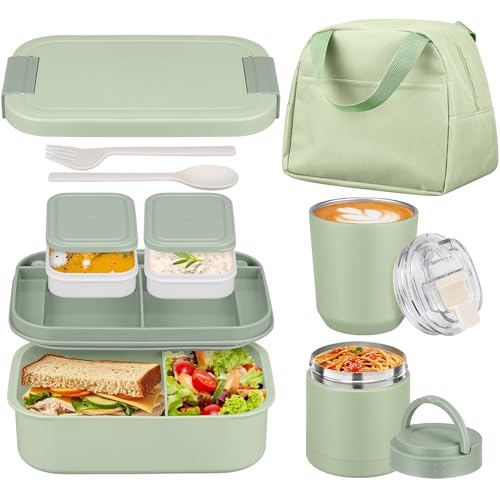 Large Bento Lunch Box Set for Adults Kids Women with 10.5oz Soup Thermo,Coffee Tumblers Men Girls Boys Teenagers Leak-Proof Lunch Food Containers with Lunch Bag - color: Green