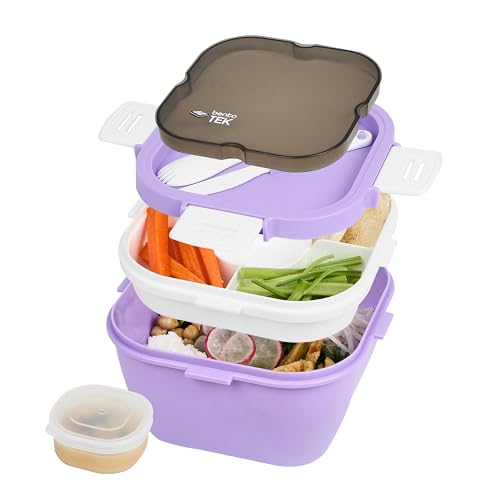 Restaurantware-Bento Tek 57.5 Ounce Bento Box, 1 Reusable Lunch Container - With Fork And Knife, Does Not Contain BPA, Purple And White Plastic Reusable Lunch Box, Microwavable, Dishwashable - size: 1 Count, style: 58 oz - Purple