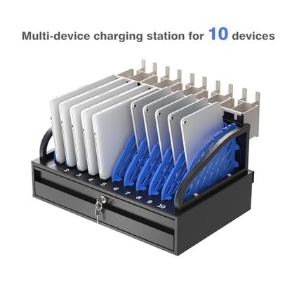 POCHAR 10-Device Open Charging Station for Chromebooks, iPads & Tablets | Heavy-Duty Steel Rack with Lockable Storage Drawer, Multi-Device Charging Organizer for School, Office, Hospital - size: 10 Tablet/Chromebook