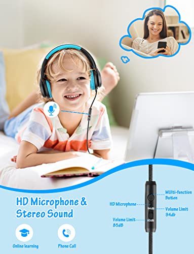 Voopwink Kids Headphones with Microphone, Wired Over Ear Headsets with Limited Volume 85dB/ 94dB for Boys Girls Teens Children Online School/Travel/iPad/Tablet/Cellphone - color: Black-Blue, size: Plug 3.5mm