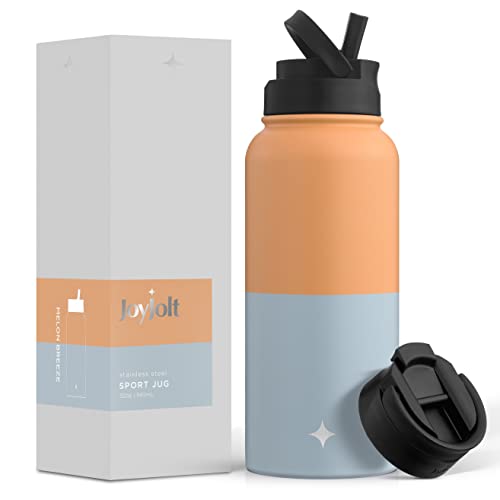 JoyJolt Triple Insulated Water Bottle with Straw Lid AND Flip Lid! 32oz Large Water Bottle, 12 Hour Hot/Cold Vacuum Insulated Stainless Steel Bottle. BPA-Free Leakproof Water Bottles - Thermos Bottle - color: Orange/Blue, size: 32 Ounces