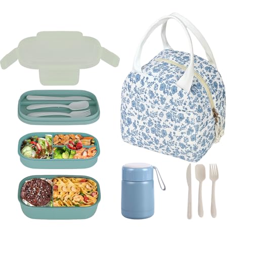 Bento Lunch Box Set for Women, with 12oz Soup Thermo, with Leak-Proof Food Containers, Insulated Lunch Bag for Girls for Travel Picnic - color: Blue Flowers
