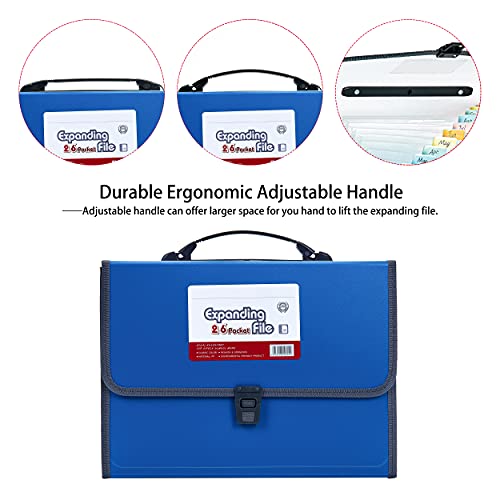 FANWU 26 Pockets Expanding File Accordion Folder with Handle - Letter A4 Paper Size - Expandable Large Plastic File Folder Wallet Monthly Portable Document Organizer with Flap & Buckle (Blue)