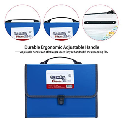 FANWU 26 Pockets Expanding File Accordion Folder with Handle - Letter A4 Paper Size - Expandable Large Plastic File Folder Wallet Monthly Portable Document Organizer with Flap & Buckle (Blue)