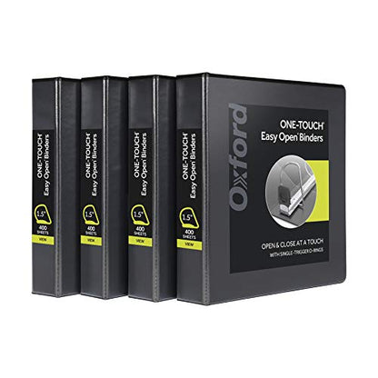 Oxford 3 Ring Binders, Binders for School and Office, Durable 1.5 Inch ONE-Touch Easy Open D Rings, View Binder Covers on 3 Sides, Durable Hinge, Non-Stick, PVC-Free, Black, 4 Pack (79905) - size: 1.5 Inch