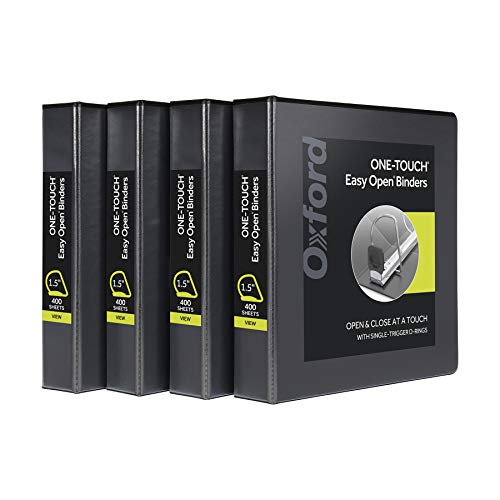 Oxford 3 Ring Binders, Binders for School and Office, Durable 1.5 Inch ONE-Touch Easy Open D Rings, View Binder Covers on 3 Sides, Durable Hinge, Non-Stick, PVC-Free, Black, 4 Pack (79905) - size: 1.5 Inch