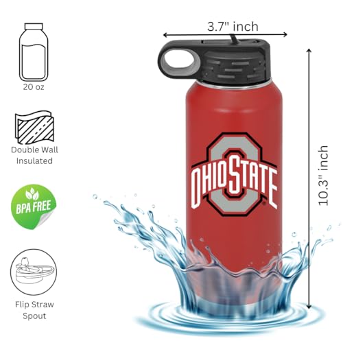 Ohio State University 32oz Stainless Steel Double Walled Red Beverage Bottle with Flip Straw Spout- College Gear for Playoff Season – For Office, Home or Auto – Show your Buckeye Pride - style: Ohio State / Red