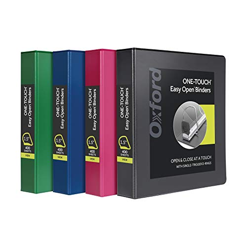 Oxford 3 Ring Binders, Binders for School, 1.5 Inch ONE-Touch Easy Open D Rings, 3-Sided View Binder Covers, Xtralife Hinge, Non-Stick, PVC-Free, Assorted Colors, 375-Sheet Capacity, 4 Pack (79907) - size: 1.5 Inch