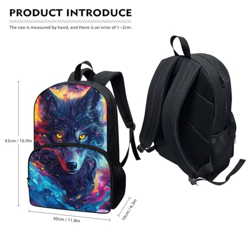 Horeset Aesthetics Wolf School Bags Set for Girls Boys Kids Teens Travel Backpack with Picnic Lunch Box Water Bottle Bag Set of 3 Large Capacity Bookbag Rucksack for Primary Elementary School Student - color: Aesthetics Wolf
