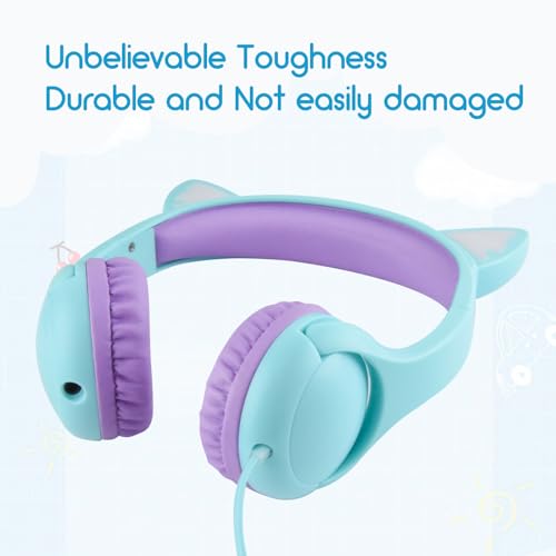 Olyre Kitty Headphones for Kids, Wired Cat Ears Headset, Dual Audio Port | Lightblue; LED Light-Up;On-ear headset; Built-in audio sharing jack; Microphone for children, toddlers, boys, girls - color: Lightblue