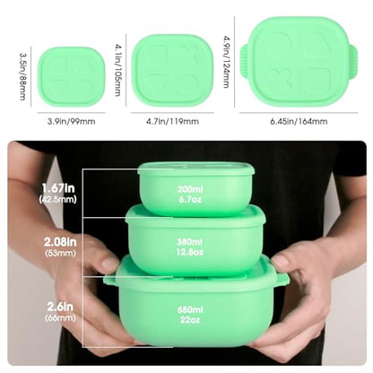 Silicone Bento Box ｜Food Grade & Leakproof Lunch Box Bento with Lids ｜3-Piece Space-Saving Nesting Kit Food Storage Containers Set (Green) - color: Green