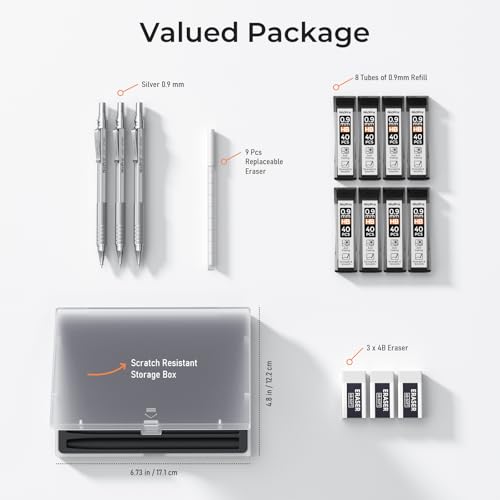 Nicpro 0.9 mm Metal Mechanical Pencil Set with Case | 3PCS MP1000 0.9mm Drafting Pencil, 480PCS HB Lead Refills, 3PCS Eraser&Refills for Artist Writing, Drawing, Sketching, Silver - color: Silver, style: 0.9 MM