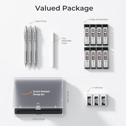 Nicpro 0.9 mm Metal Mechanical Pencil Set with Case | 3PCS MP1000 0.9mm Drafting Pencil, 480PCS HB Lead Refills, 3PCS Eraser&Refills for Artist Writing, Drawing, Sketching, Silver - color: Silver, style: 0.9 MM