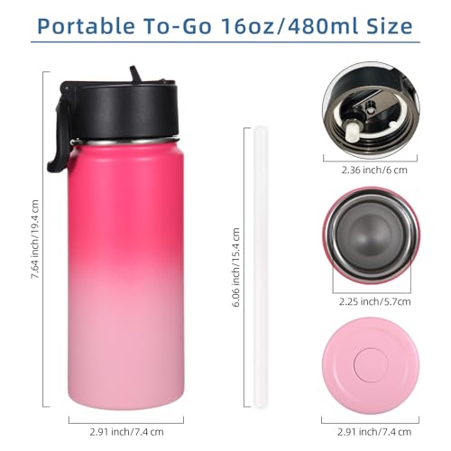 Volhoply Kids Insulated Water Bottle with Straw,16oz Stainless Steel Cold Water Bottles for School,BPA-Free Metal Wide Mouth Cups with Handle Lid,Reusable Double Wall Vacuum Sport Flask(Peach,1) - color: Peach