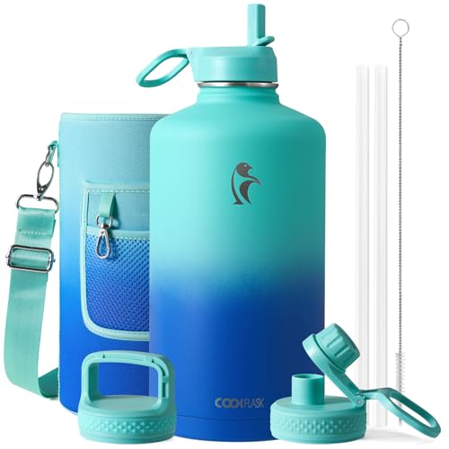 Coolflask 128 oz Gallon Water Bottle Insulated with Straw & 3 Leakproof Lid | Large Water Jug Stainless Steel Triple-Wall, Cold 48+h/Hot 24+h, Dishwasher Safe, BPA-Free, for Outdoor Gym & Hiking - color: Pacific Prince, size: 128 Ounces