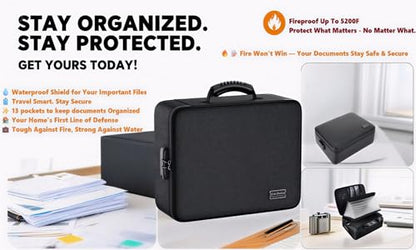 Fireproof Document Organizer Bag with Lock – Waterproof File Folder with 13 Labeled Pockets for Secure Document Storage for Home, Office & Travel