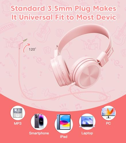 Cowyawn Kids Headphones, Toddler Headphones with Safe Volume Limiter 94dB, Wired School Headphones for Kid, 3.5mm Adjustable On-Ear Headphone for Boys/Girls/Children/Teens/iPad/Computer, Light Pink - color: Light Pink