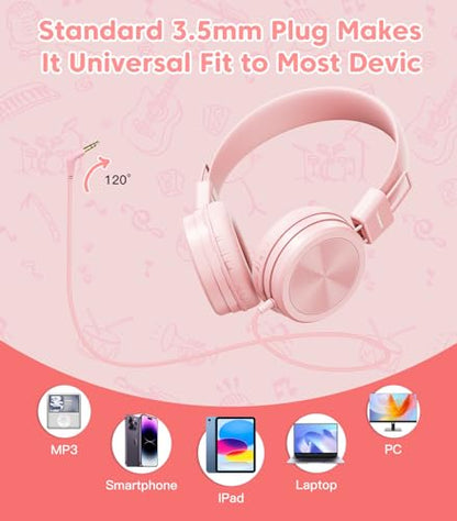 Cowyawn Kids Headphones, Toddler Headphones with Safe Volume Limiter 94dB, Wired School Headphones for Kid, 3.5mm Adjustable On-Ear Headphone for Boys/Girls/Children/Teens/iPad/Computer, Light Pink - color: Light Pink