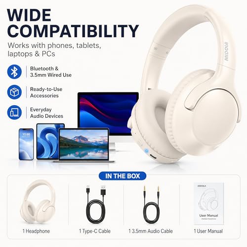 MIDOLA Bluetooth Headphones Over Ear, 68H Playtime Wireless Headphones with Microphone, 6 EQ Modes, HiFi Stereo Deep Bass, Foldable Lightweight Headset for Home Office, Cellphone, PC, White - color: Milk White