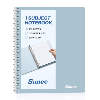 SUNEE Spiral Notebook, 1-Subject, College Ruled Paper, 8" x 10-1/2", 100 Sheets per Notebook, 3-Hole Punched Paper, Water Resistant Cover, Double-sided Pockets, Grey Blue - color: Grey Blue