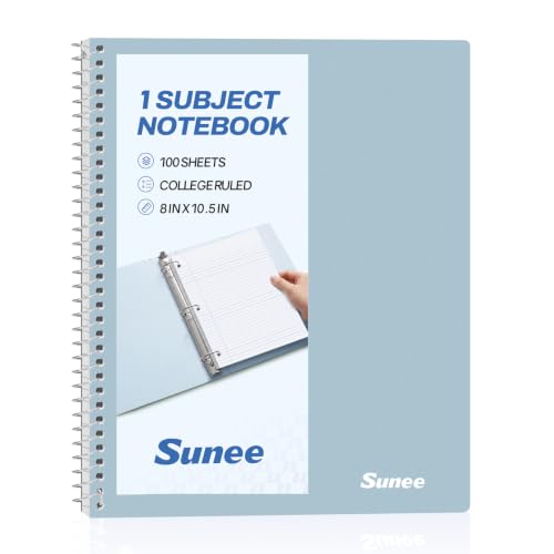 SUNEE Spiral Notebook, 1-Subject, College Ruled Paper, 8" x 10-1/2", 100 Sheets per Notebook, 3-Hole Punched Paper, Water Resistant Cover, Double-sided Pockets, Grey Blue - color: Grey Blue