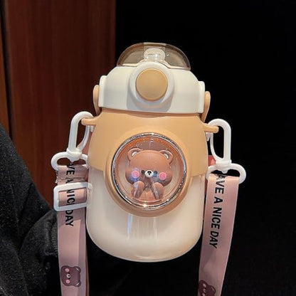 LEJN 28 oz Water Bottle Kawaii with Adjustable Shoulder Strap for Summer Cold Water Chill Portable Leakproof BPA-free Cartoon Children Cup Traveling Hiking Camping (Brown820ml) - color: Brown820ml