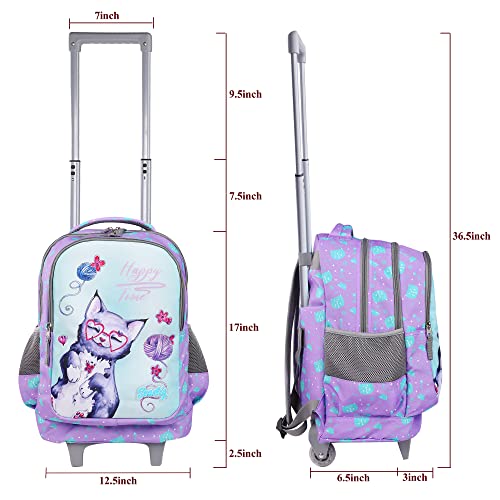 seastig Rolling Backpack 18in Double Handle Backpack Kids Wheeled Backpack Roller Backpack with Lunch Bag Set Girls Boys - color: Blue Cat