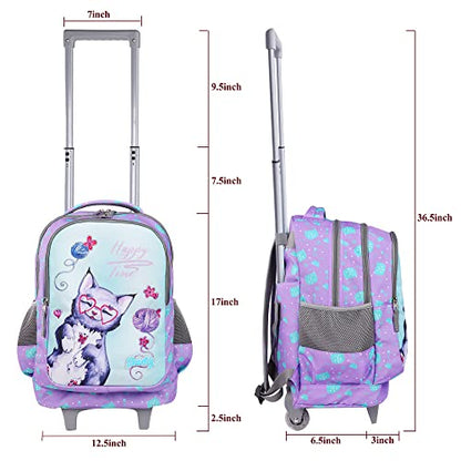 seastig Rolling Backpack 18in Double Handle Backpack Kids Wheeled Backpack Roller Backpack with Lunch Bag Set Girls Boys - color: Blue Cat